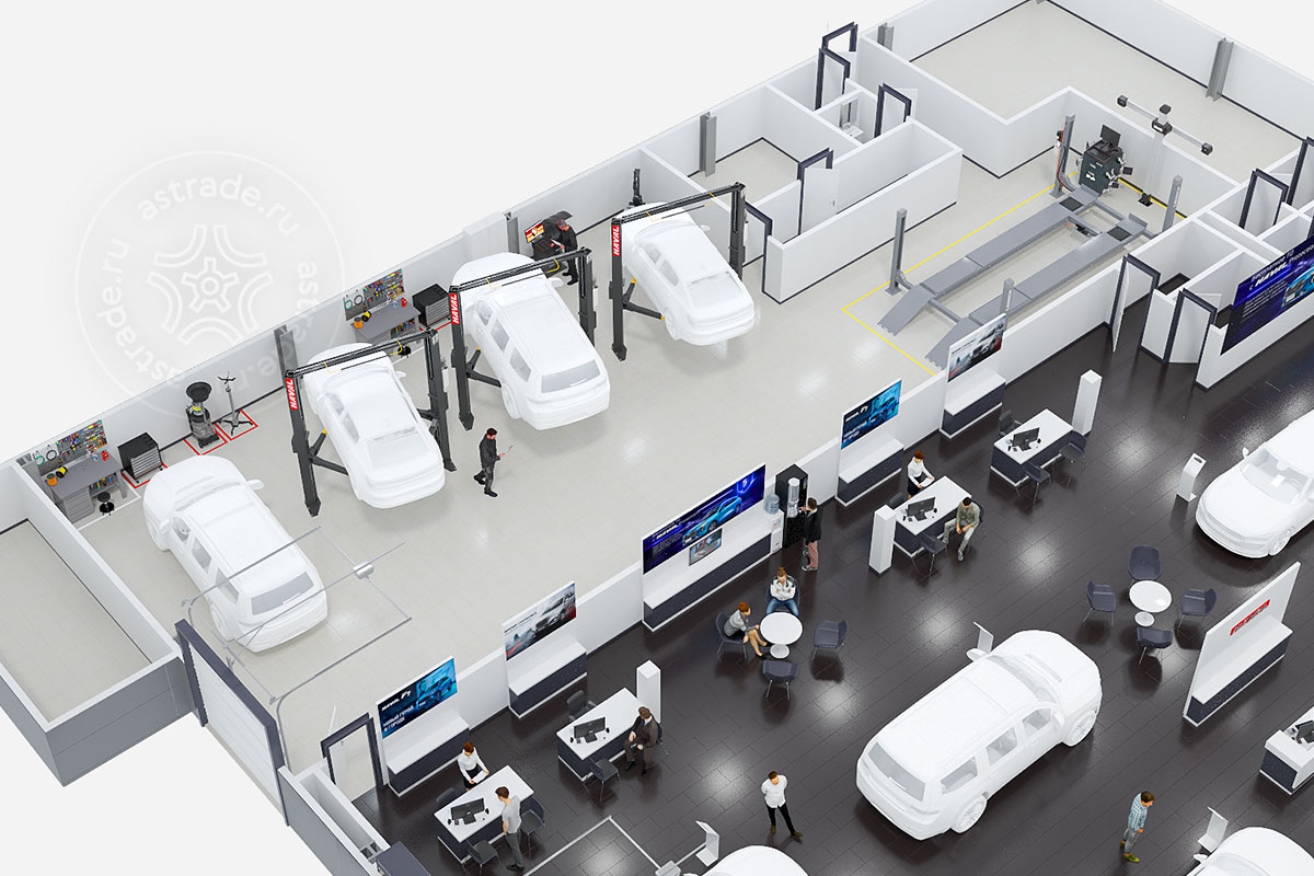 СТО с боксами для обслуживания автомобилей - фото монтажа